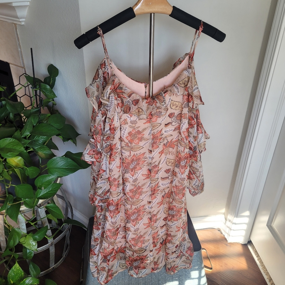 Kori Boho Anthro-Style Floral Ruffle Cold-Shoulder Mini Dress Size Medium